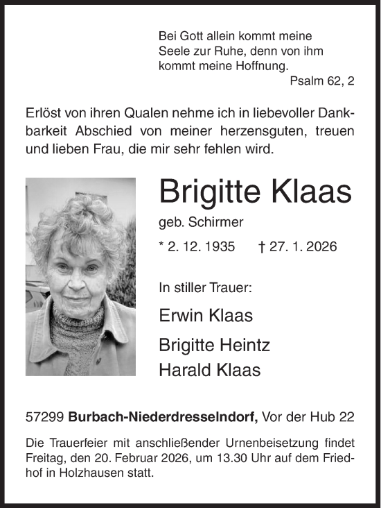 Traueranzeige von Brigitte Klaas von Siegener Zeitung
