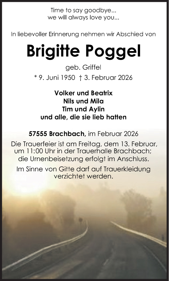 Traueranzeige von Brigitte Poggel von Siegener Zeitung