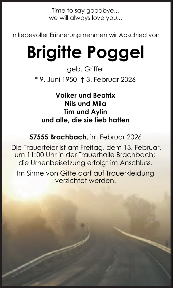  Traueranzeige für Brigitte Poggel vom 07.02.2026 aus Siegener Zeitung