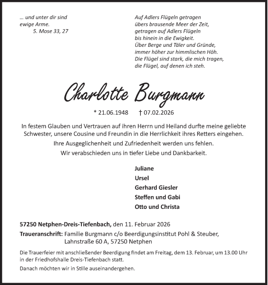Traueranzeige von Charlotte Burgmann von Siegener Zeitung