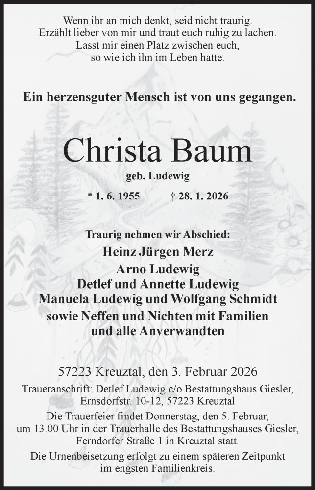  Traueranzeige für Christa Baum vom 03.02.2026 aus Siegener Zeitung