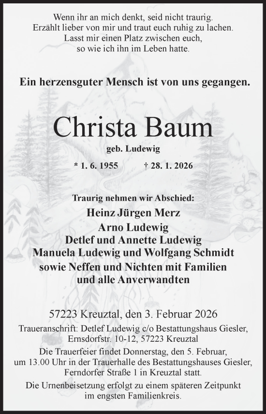 Traueranzeige von Christa Baum von Siegener Zeitung