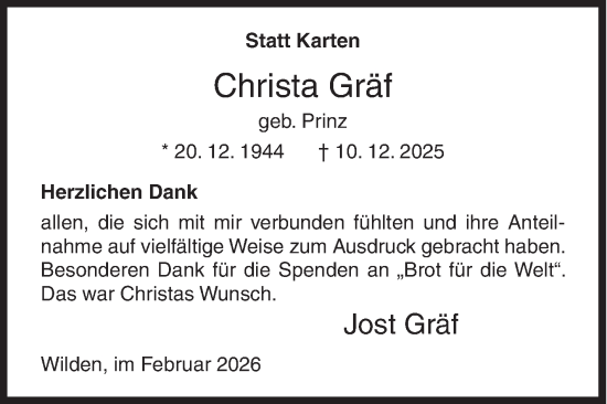 Traueranzeige von Christa Gräf von Siegener Zeitung