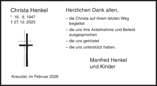 Traueranzeige von Christa Henkel von Siegener Zeitung