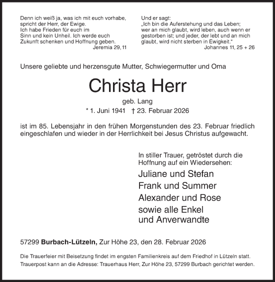 Traueranzeige von Christa Herr von Siegener Zeitung