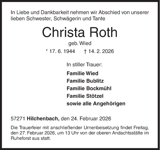Traueranzeige von Christa Roth von Siegener Zeitung
