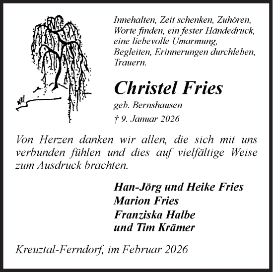 Traueranzeige von Christel Fries von Siegener Zeitung