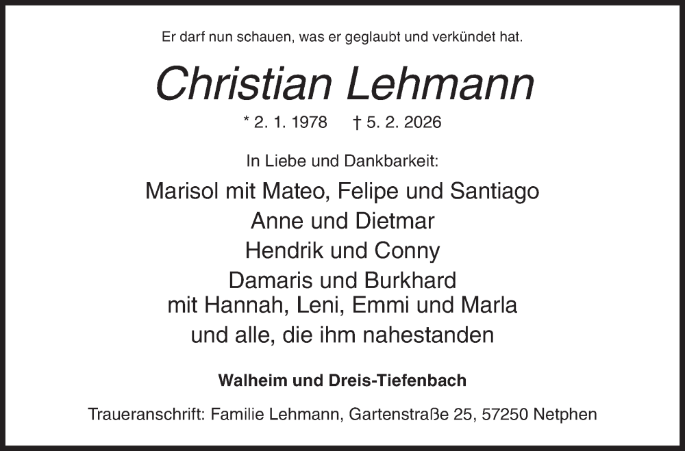  Traueranzeige für Christian Lehmann vom 12.02.2026 aus Siegener Zeitung