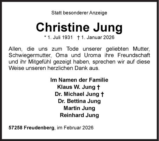 Traueranzeige von Christine Jung von Siegener Zeitung