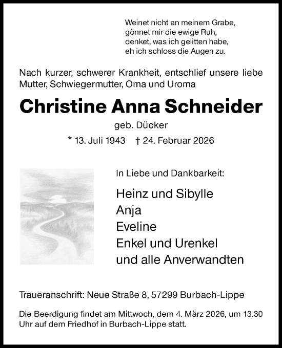 Traueranzeige von Christine Anna Schneider von Siegener Zeitung