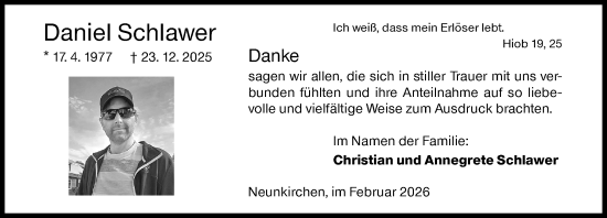 Traueranzeige von Daniel Schlawer von Siegener Zeitung