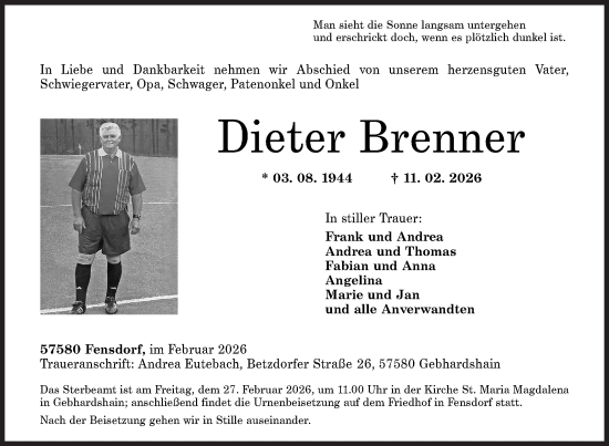 Traueranzeige von Dieter Brenner von Siegener Zeitung