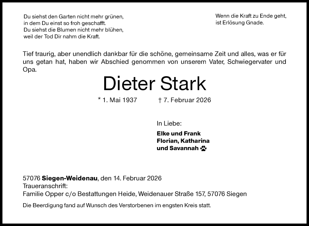  Traueranzeige für Dieter Stark vom 14.02.2026 aus Siegener Zeitung