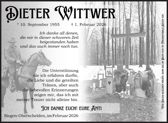 Traueranzeige von Dieter Wittwer von Siegener Zeitung