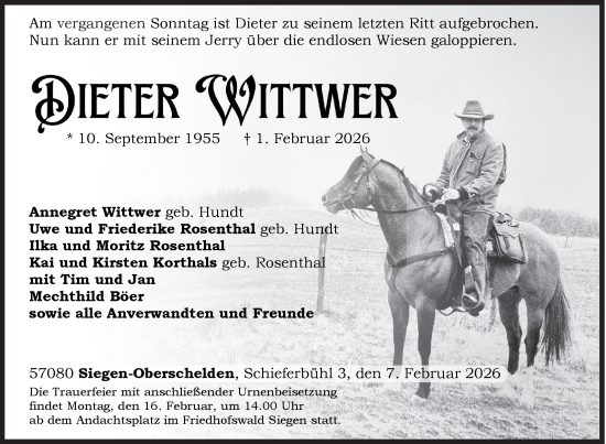 Traueranzeige von Dieter Wittwer von Siegener Zeitung