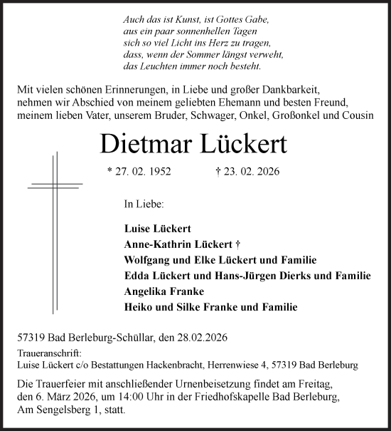 Traueranzeige von Dietmar Lückert von Siegener Zeitung