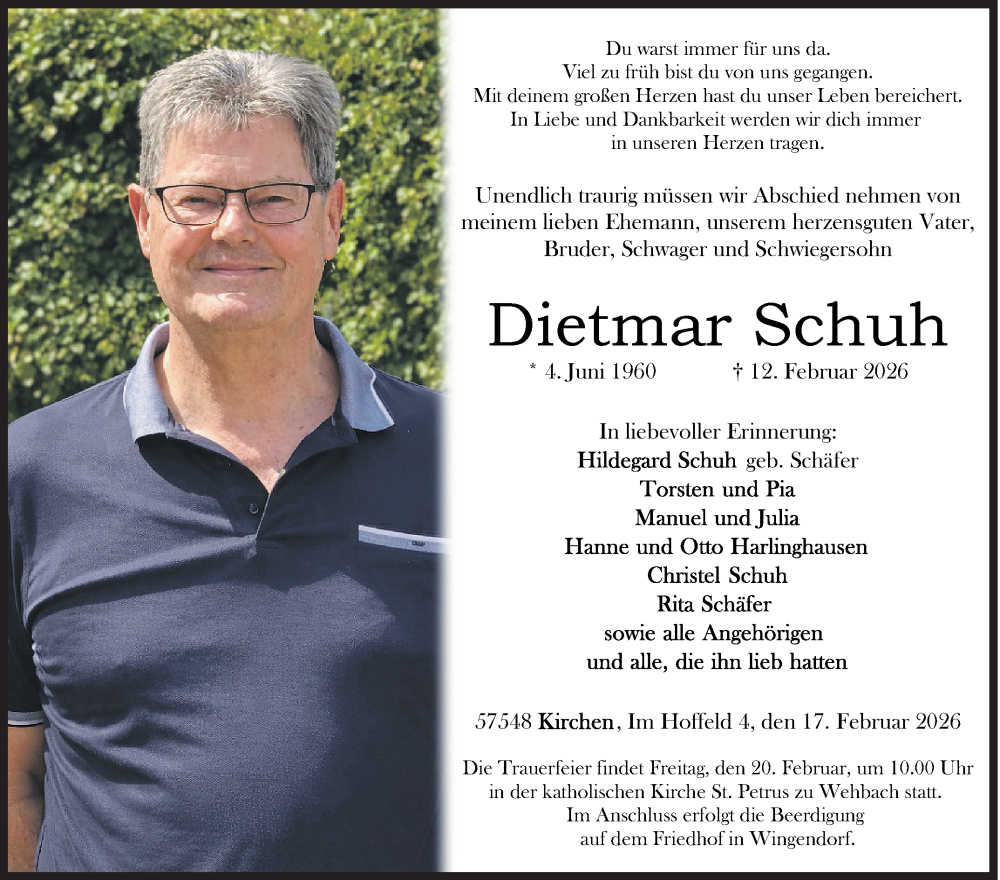  Traueranzeige für Dietmar Schuh vom 17.02.2026 aus Siegener Zeitung