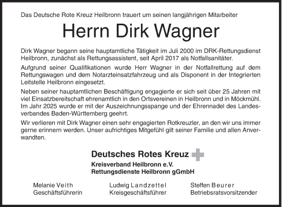 Traueranzeige von Dirk Wagner von Siegener Zeitung