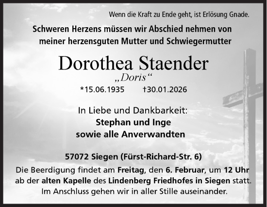 Traueranzeige von Dorothea Staender von Siegener Zeitung