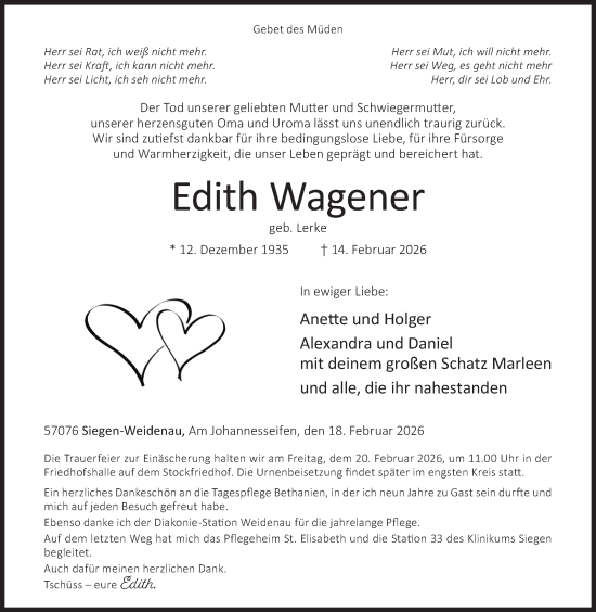 Traueranzeige von Edith Wagener von Siegener Zeitung