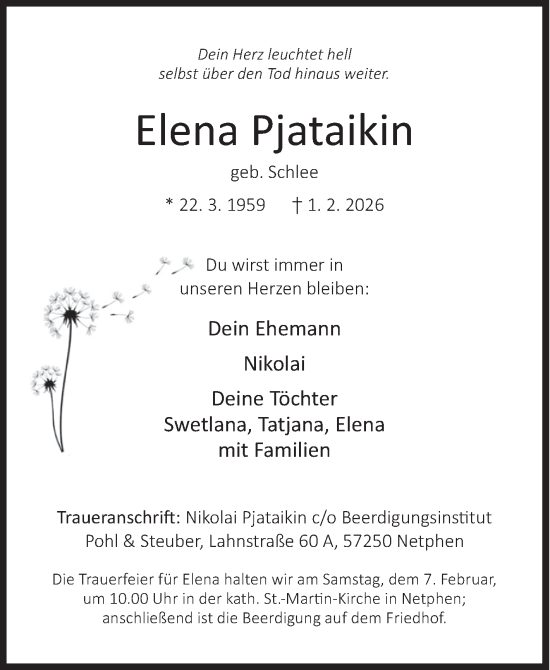 Traueranzeige von Elena Pjataikin von Siegener Zeitung