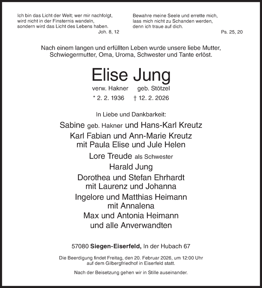  Traueranzeige für Elise Jung vom 17.02.2026 aus Siegener Zeitung