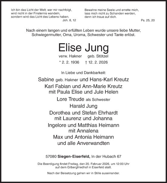 Traueranzeige von Elise Jung von Siegener Zeitung