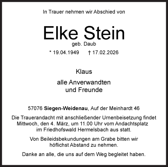 Traueranzeige von Elke Stein von Siegener Zeitung