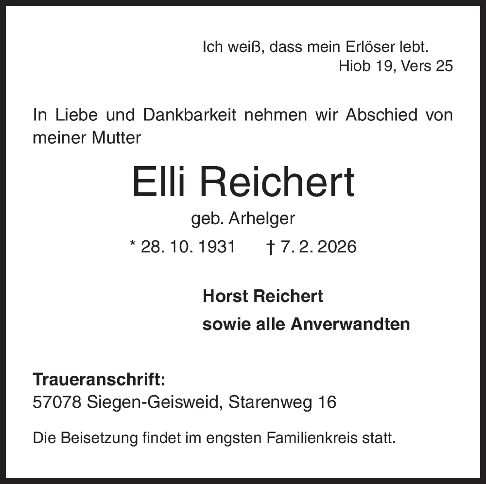  Traueranzeige für Elli Reichert vom 12.02.2026 aus Siegener Zeitung