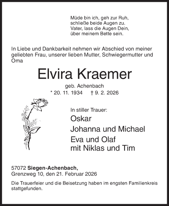 Traueranzeige von Elvira Kraemer von Siegener Zeitung