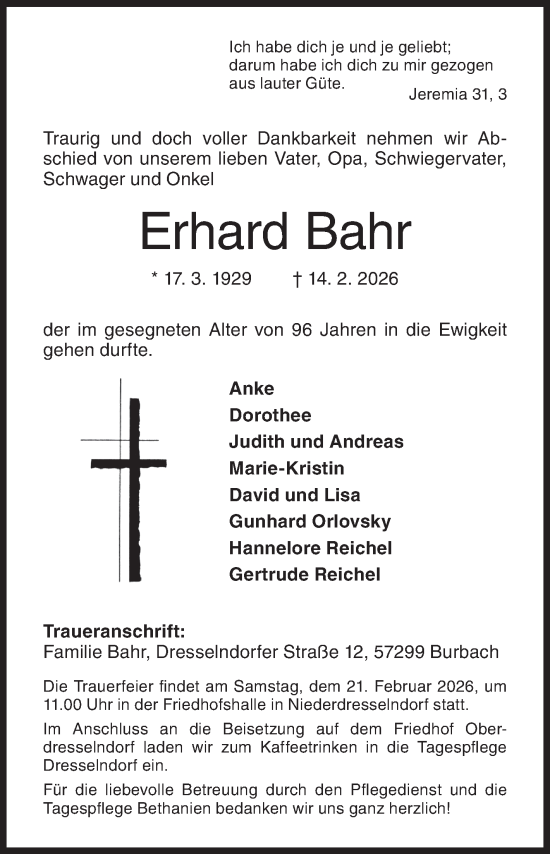 Traueranzeige von Erhard Bahr von Siegener Zeitung