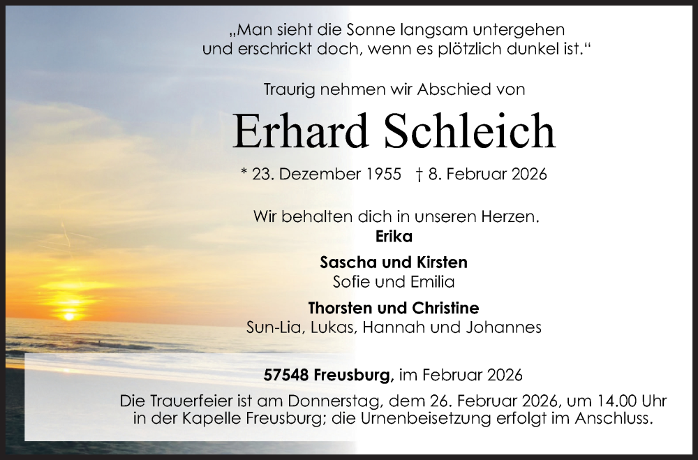  Traueranzeige für Erhard Schleich vom 14.02.2026 aus Siegener Zeitung