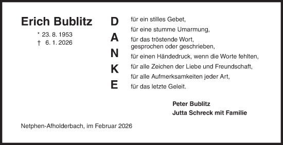 Traueranzeige von Erich Bublitz von Siegener Zeitung