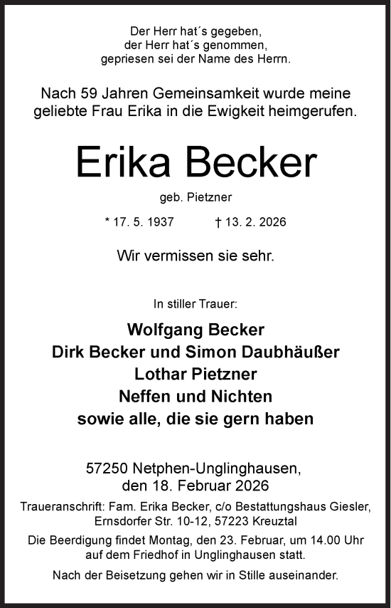 Traueranzeige von Erika Becker von Siegener Zeitung