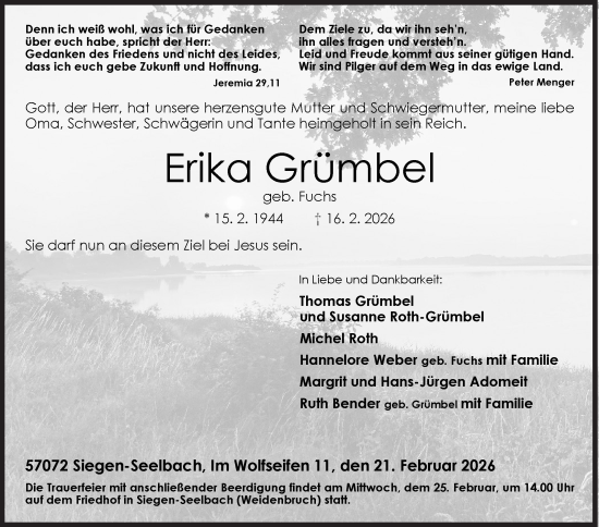Traueranzeige von Erika Grümbel von Siegener Zeitung