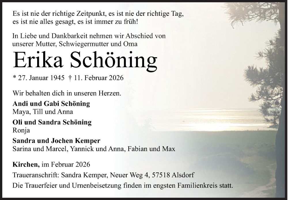  Traueranzeige für Erika Schöning vom 14.02.2026 aus Siegener Zeitung