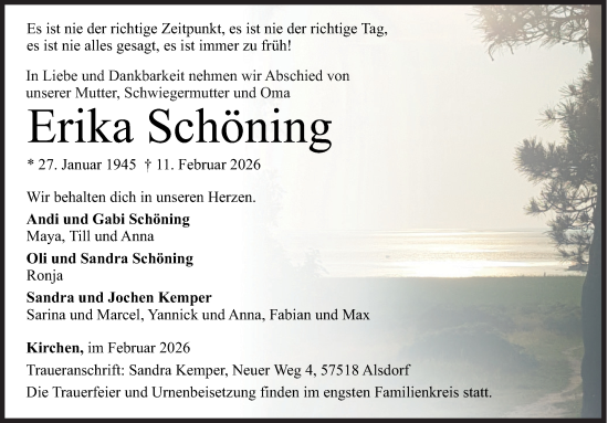 Traueranzeige von Erika Schöning von Siegener Zeitung