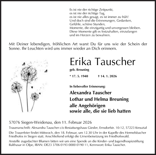 Traueranzeige von Erika Tauscher von Siegener Zeitung