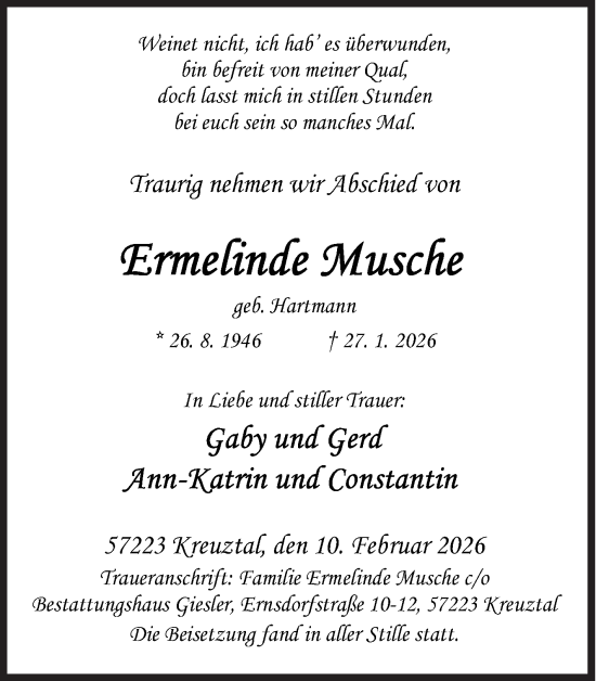 Traueranzeige von Ermelinde Musche von Siegener Zeitung