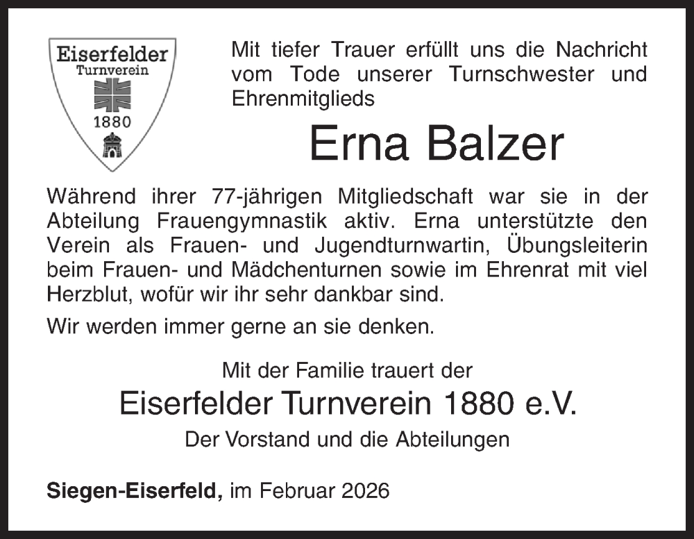  Traueranzeige für Erna Balzer vom 21.02.2026 aus Siegener Zeitung