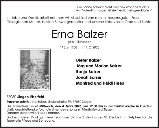Traueranzeige von Erna Balzer von Siegener Zeitung