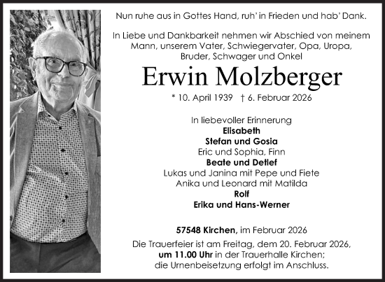 Traueranzeige von Erwin Molzberger von Siegener Zeitung