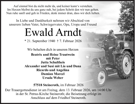 Traueranzeige von Ewald Arndt von Siegener Zeitung