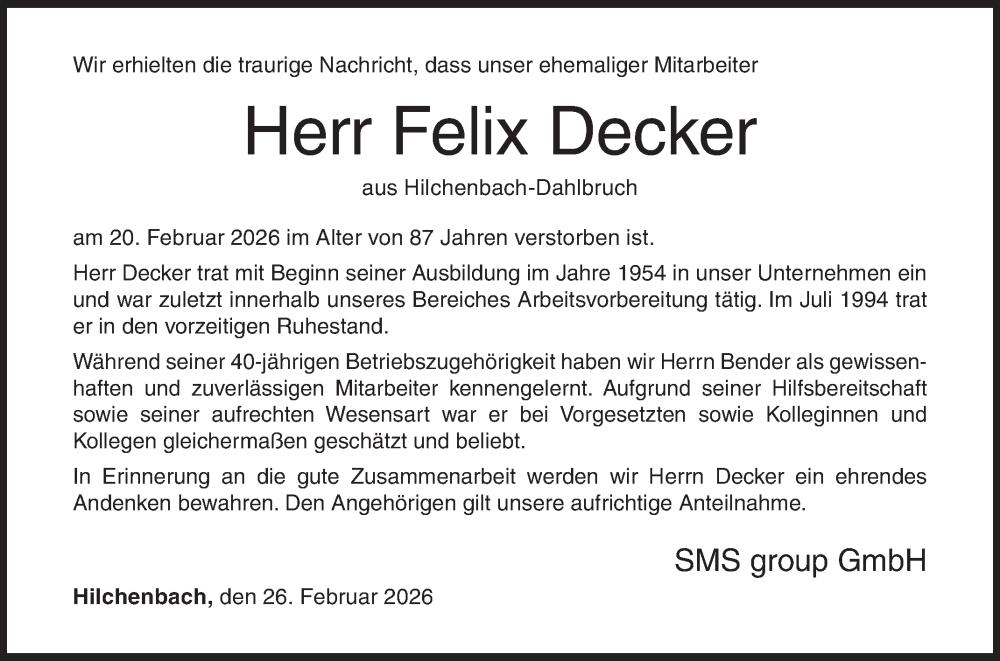  Traueranzeige für Felix Decker vom 26.02.2026 aus Siegener Zeitung