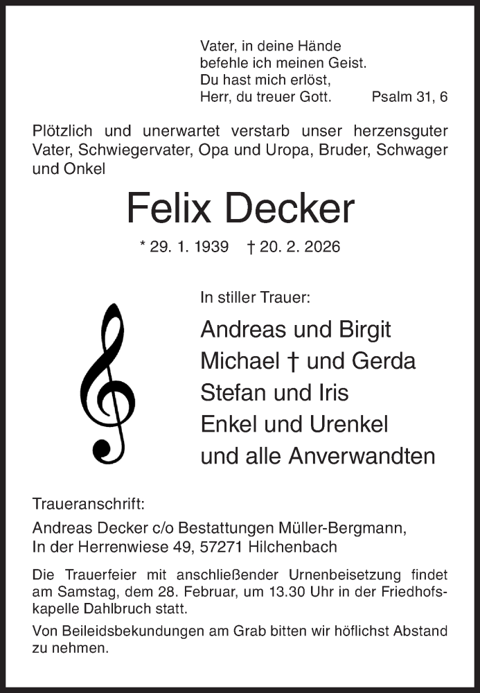  Traueranzeige für Felix Decker vom 25.02.2026 aus Siegener Zeitung