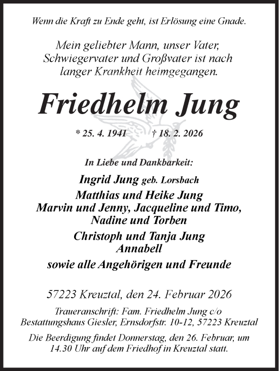 Traueranzeige von Friedhelm Jung von Siegener Zeitung