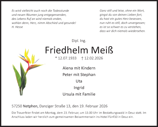Traueranzeige von Friedhelm Meiß von Siegener Zeitung
