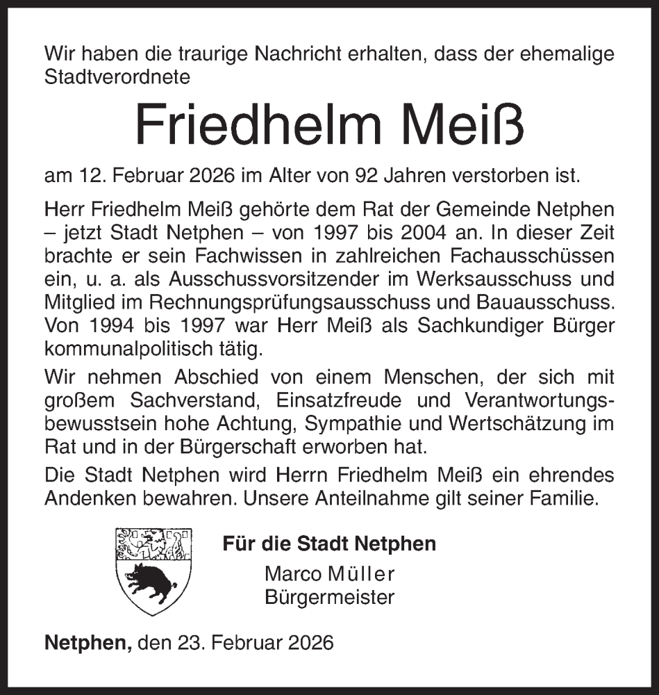  Traueranzeige für Friedhelm Meiß vom 23.02.2026 aus Siegener Zeitung