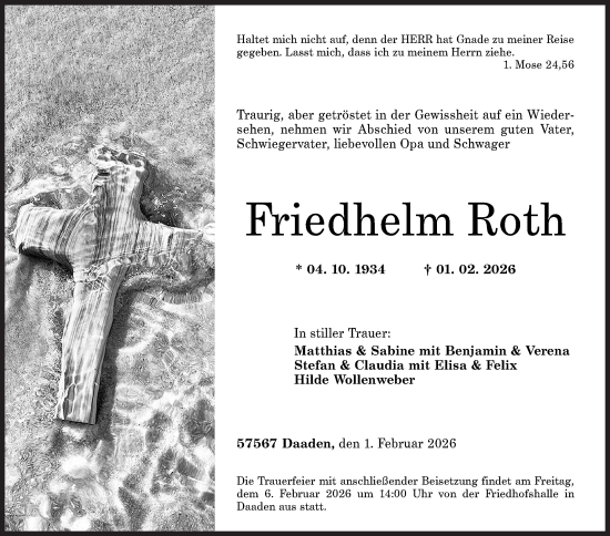 Traueranzeige von Friedhelm Roth von Siegener Zeitung