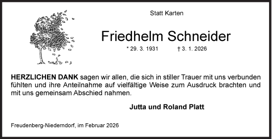Traueranzeige von Friedhelm Schneider von Siegener Zeitung